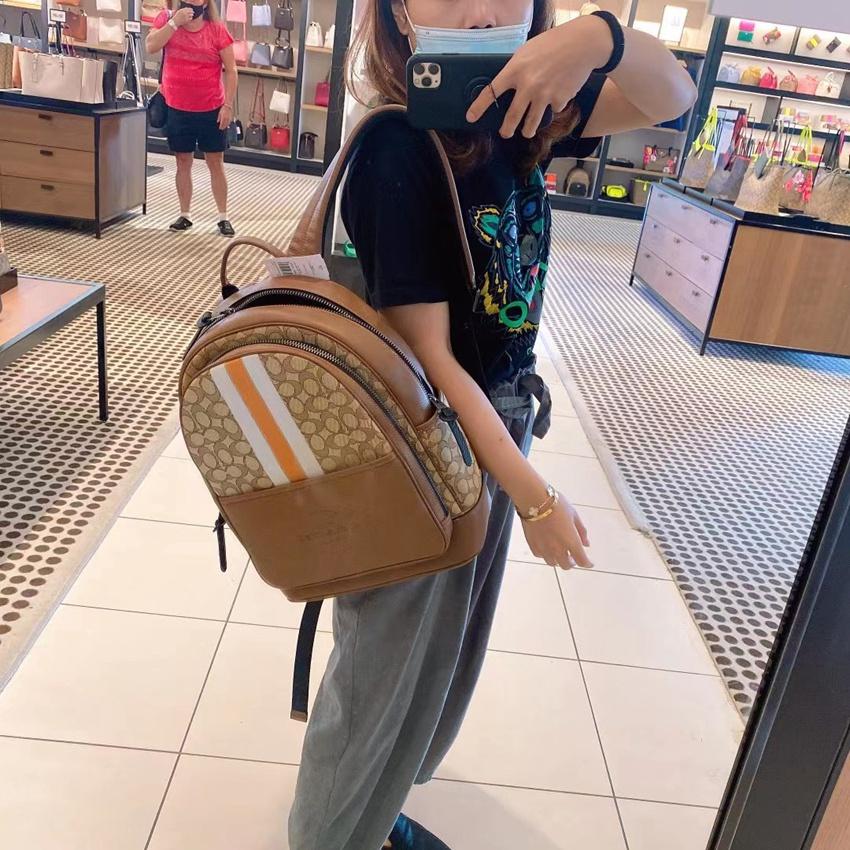 vivian美國代購✨正品 coach 後背包 經典印花拉鏈帆布拼色雙肩包 書包 C5389-細節圖8
