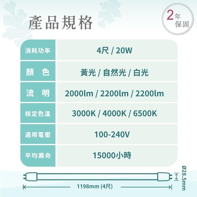 【🔥箱購可議+免運】保固2年 舞光 T8 LED燈管20W  4尺 全電壓 無藍光 R3【25入/箱】-細節圖2