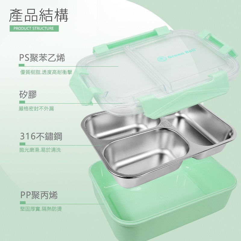 【Green Bell綠貝生活】316不鏽鋼分隔密扣保鮮餐盒-細節圖8