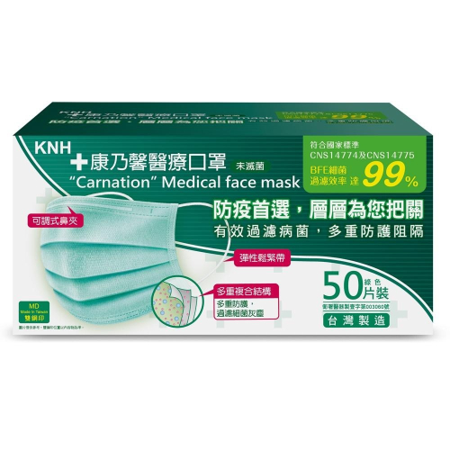 KNH 康乃馨 醫療口罩 粉綠色 未滅菌 一般耳帶 50片盒裝 MD雙鋼印