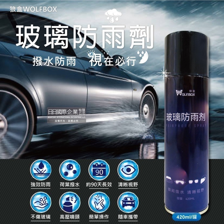 狼盒WOLFBOX-奈米免雨刷約90天長效撥水劑汽車玻璃防雨劑420ml/藍罐(安全帽,後照鏡,眼鏡,遊艇輪船玻璃精)-細節圖2