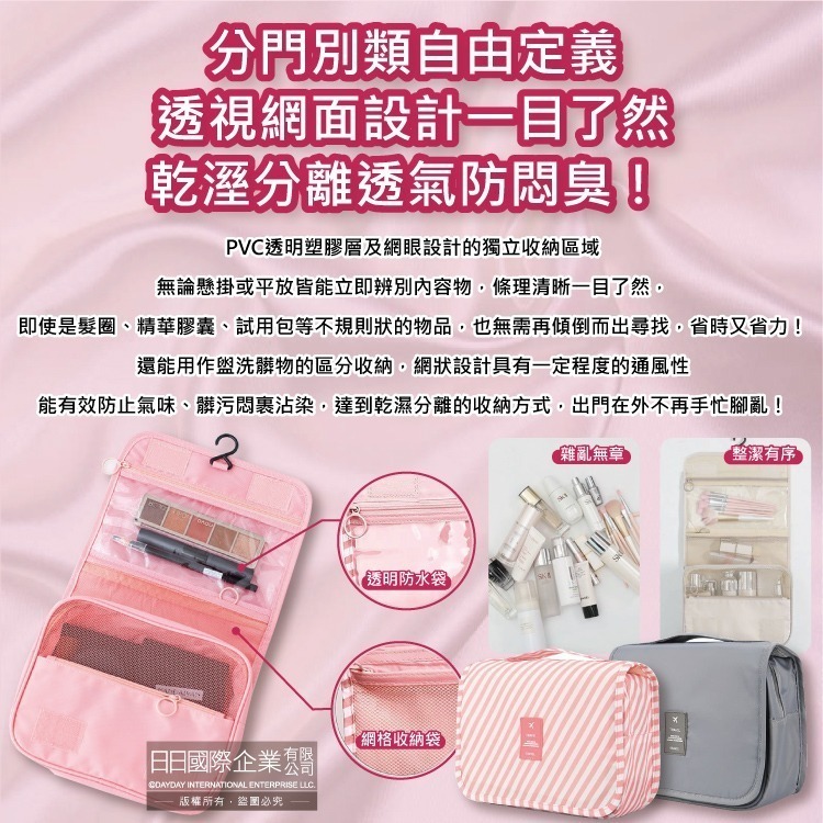 生活良品-韓版可吊掛式多層分隔防塵防潑水旅行收納袋盥洗包1入/袋(摺疊洗漱網包,旅行化妝包,戶外露營游泳野餐萬用包)-細節圖6