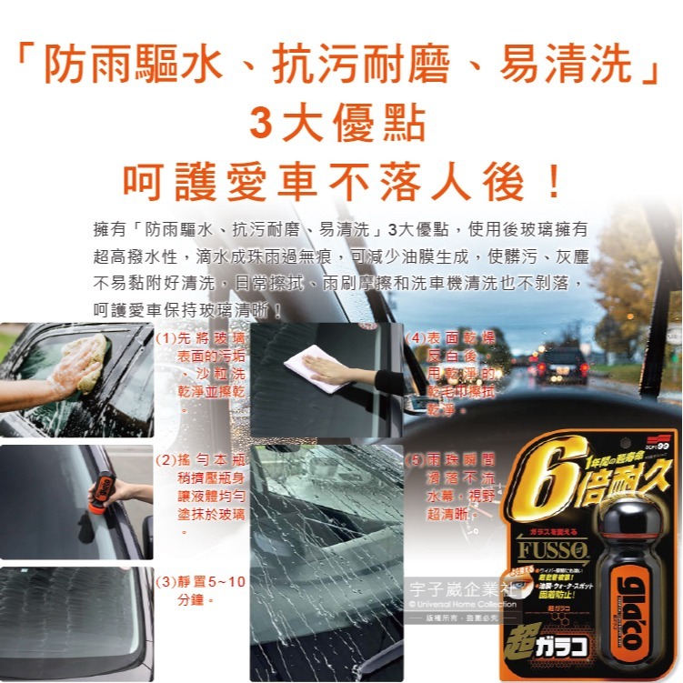 日本Soft99-免雨刷超級氟素6倍耐久力抗污耐磨防雨車用驅水玻璃精(C236)70ml/瓶(365天長效型撥水劑)-細節圖6