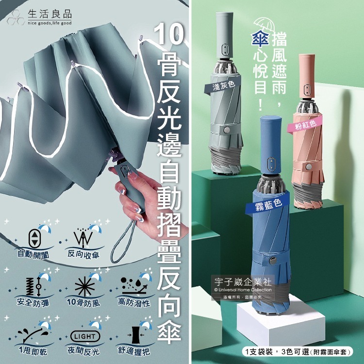 生活良品-10骨反光邊條抗風防潑水一甩即乾1鍵開收防暴衝慢回彈自動摺疊反向晴雨傘1支/袋(附霧面傘套)-細節圖2