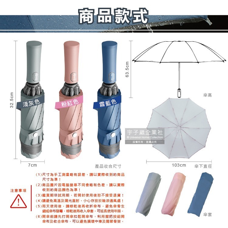 生活良品-10骨反光邊條抗風防潑水一甩即乾1鍵開收防暴衝慢回彈自動摺疊反向晴雨傘1支/袋(附霧面傘套)-細節圖3