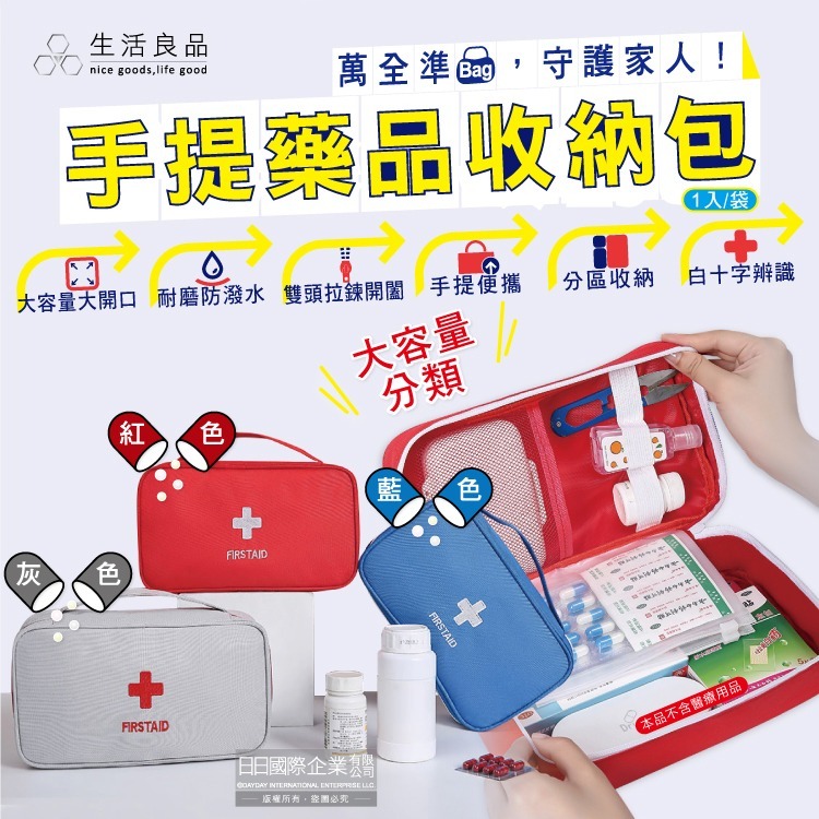 生活良品-家庭護理手提式雙拉鍊醫藥保健品大容量分類收納包1入/袋(車用旅行戶外防災防疫急救箱,居家用應急常備藥品包)-細節圖2