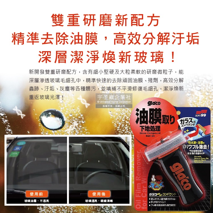 日本Soft99-glacoT字型刷頭雙重研磨除污垢汽車玻璃撥水油膜去除劑(C275)100ml/瓶(清晰透亮防炫光)-細節圖4
