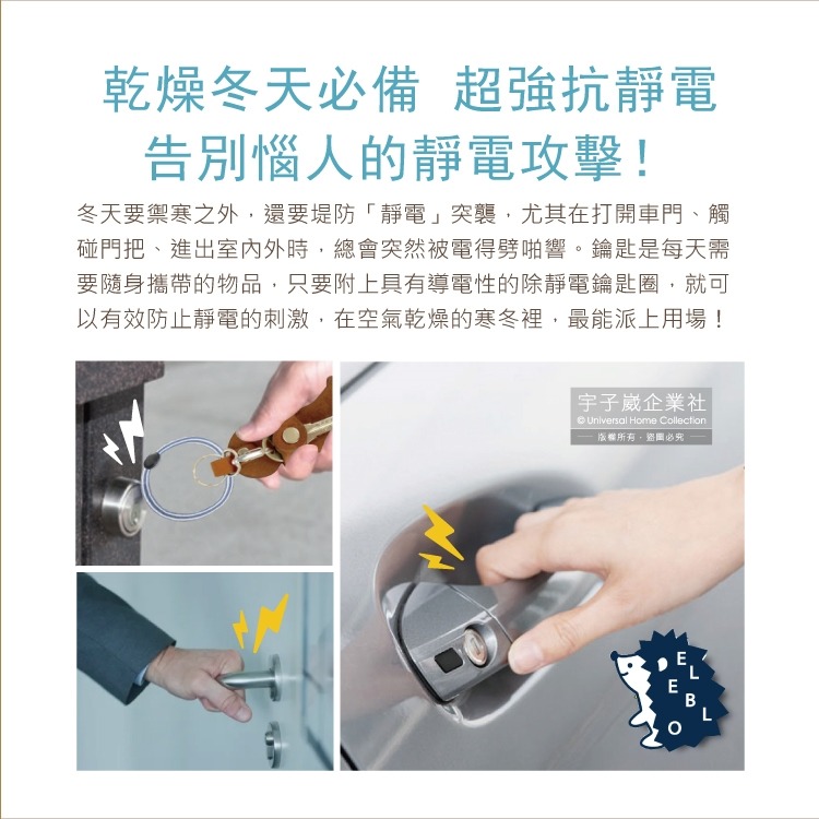 日本ELEBLO-頂級4倍強效條紋編織除靜電薑餅人造型皮革鑰匙圈-條紋天空藍1入/盒(1.9秒急速除靜電)-細節圖3