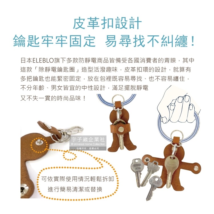 日本ELEBLO-頂級4倍強效條紋編織除靜電薑餅人造型皮革鑰匙圈-條紋天空藍1入/盒(1.9秒急速除靜電)-細節圖6