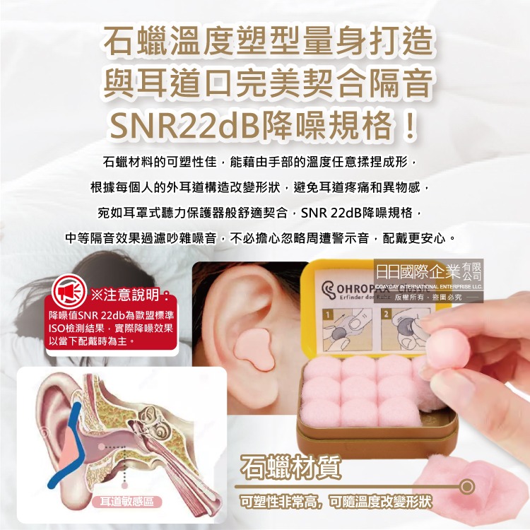 德國OHROPAX安耳悠-Classic柔軟蠟質溫度塑型貼耳式隔音耳塞6對/黃盒(SNR22dB降噪規格,舒適護聽力)-細節圖4