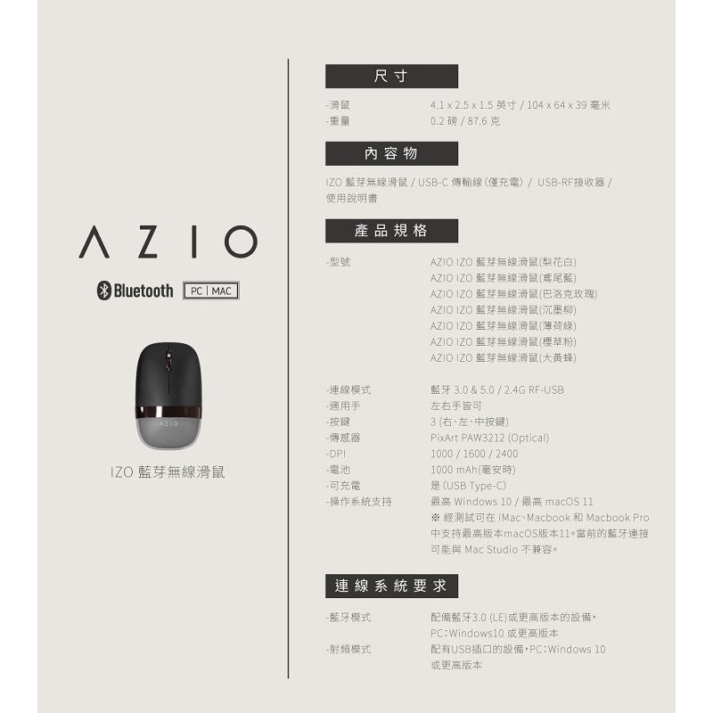 米特3C數位–AZIO IZO 藍牙無線滑鼠 (2.4G/藍牙) 白/藍/紅/黑/粉/綠/黃-細節圖7