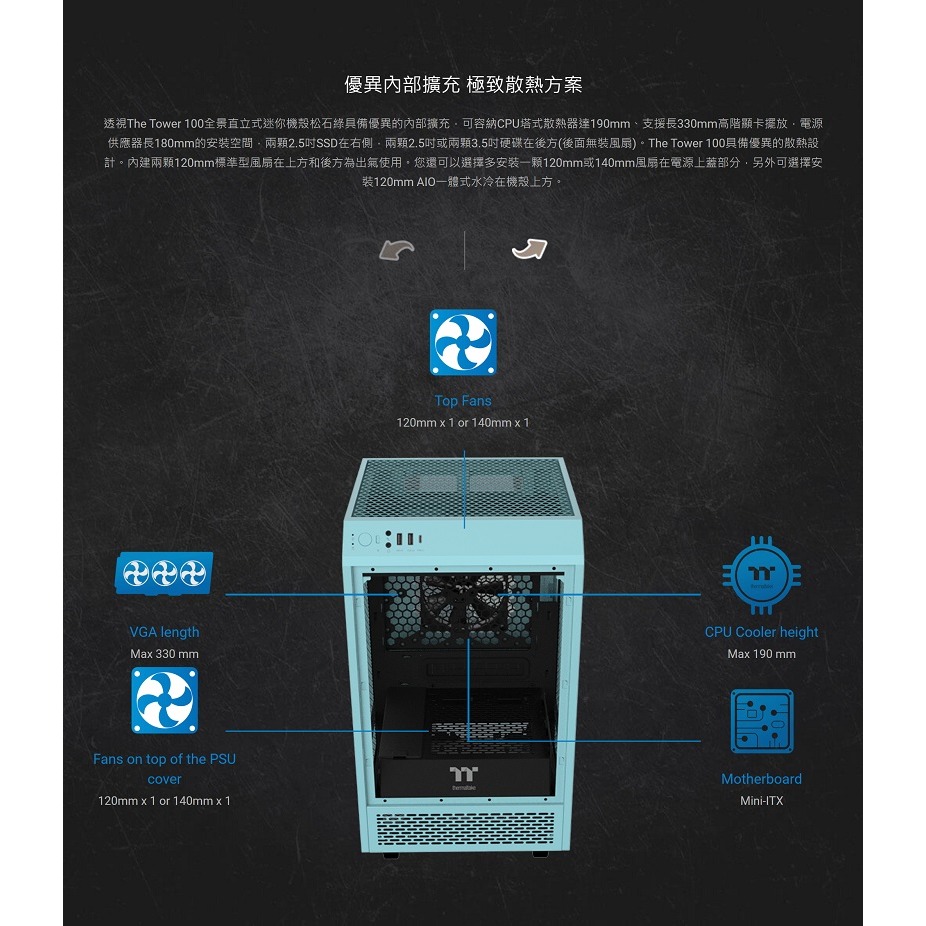 米特3C數位–Thermaltake曜越The Tower 100 直立式機殼/競速綠/尊爵金/松石綠-細節圖7