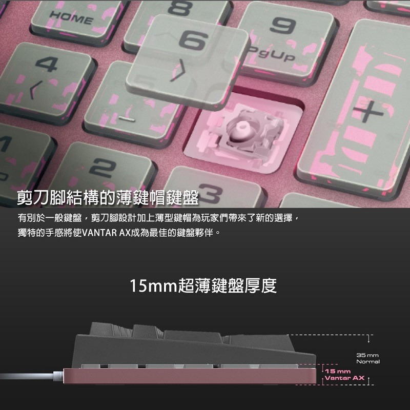 米特3C數位–COUGAR 美洲獅 VANTAR AX Pink 全鋁CNC剪刀腳RGB鍵盤 薄膜式電競鍵盤-細節圖4