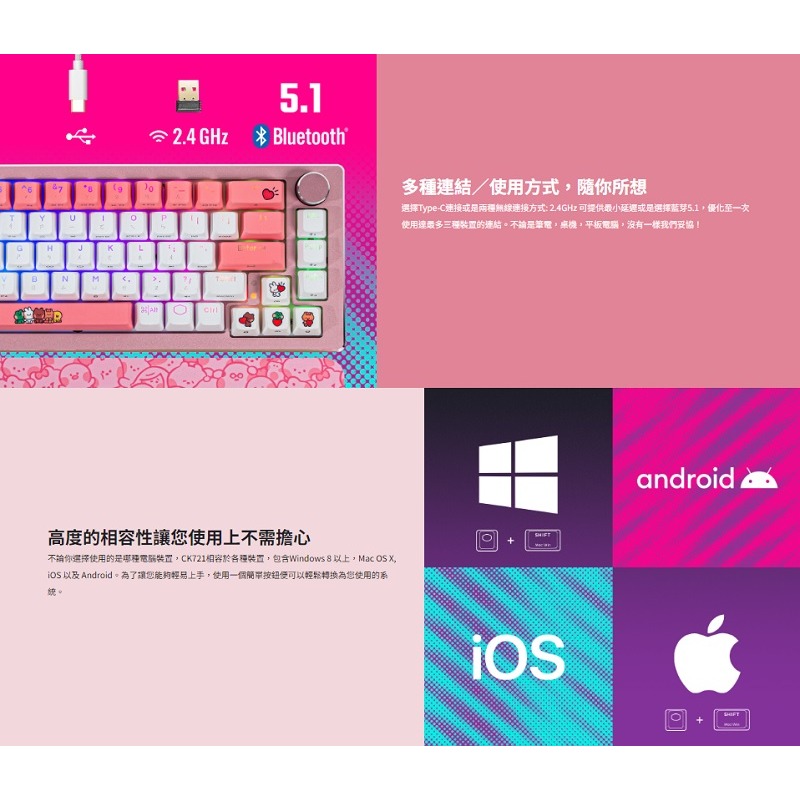 米特3C數位–酷碼 CK721 紅軸無線RGB機械式鍵盤(LINE聯名款)/CK-721-SKKR1-TC-細節圖2