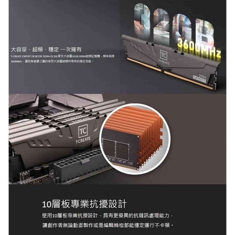 十銓 T-CREATE 引領者 EXPERT DDR4 3200/3600 雙通道 16GB/32GB 桌上型記憶體-細節圖2