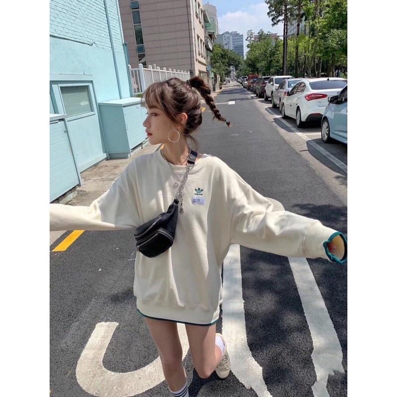 現貨L XL奶白色 adidas original 標籤 三葉草  刺繡 簡約 滾邊  長袖 衛衣 大學-細節圖2