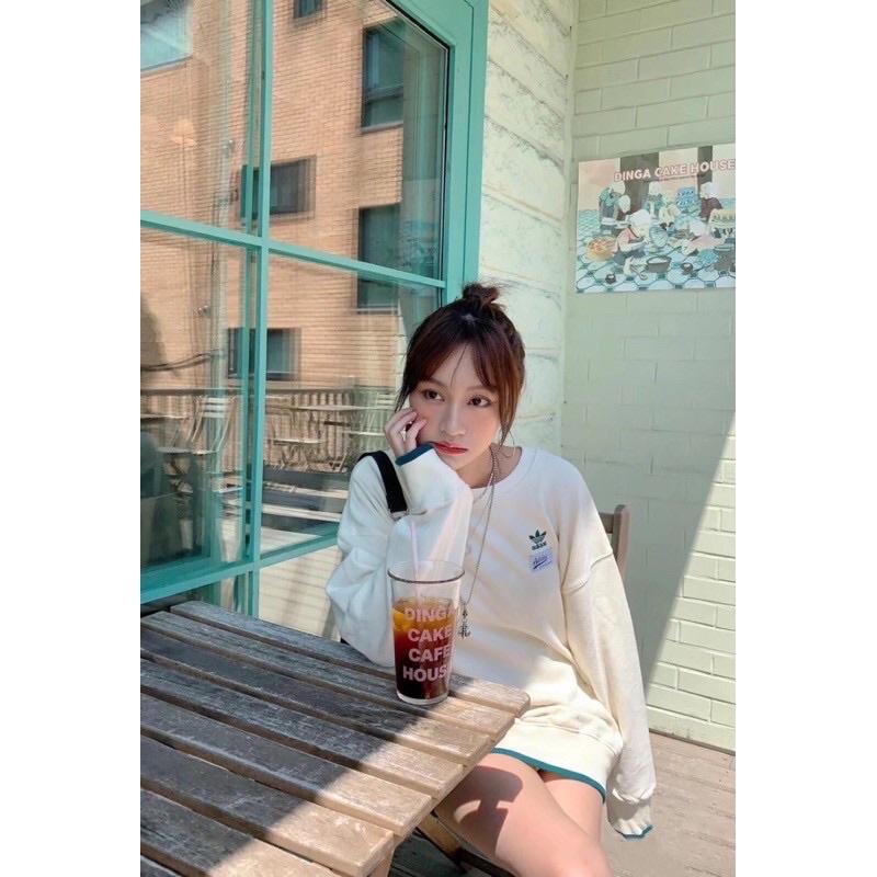現貨L XL奶白色 adidas original 標籤 三葉草  刺繡 簡約 滾邊  長袖 衛衣 大學-細節圖3