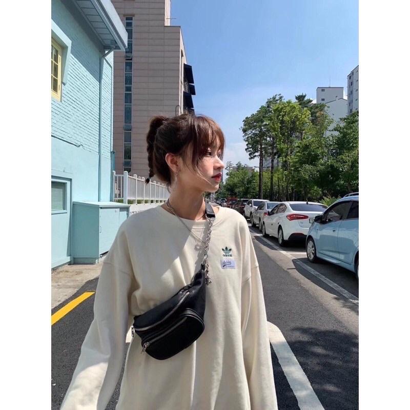 現貨L XL奶白色 adidas original 標籤 三葉草  刺繡 簡約 滾邊  長袖 衛衣 大學-細節圖6