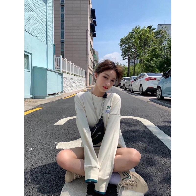 現貨L XL奶白色 adidas original 標籤 三葉草  刺繡 簡約 滾邊  長袖 衛衣 大學-細節圖7