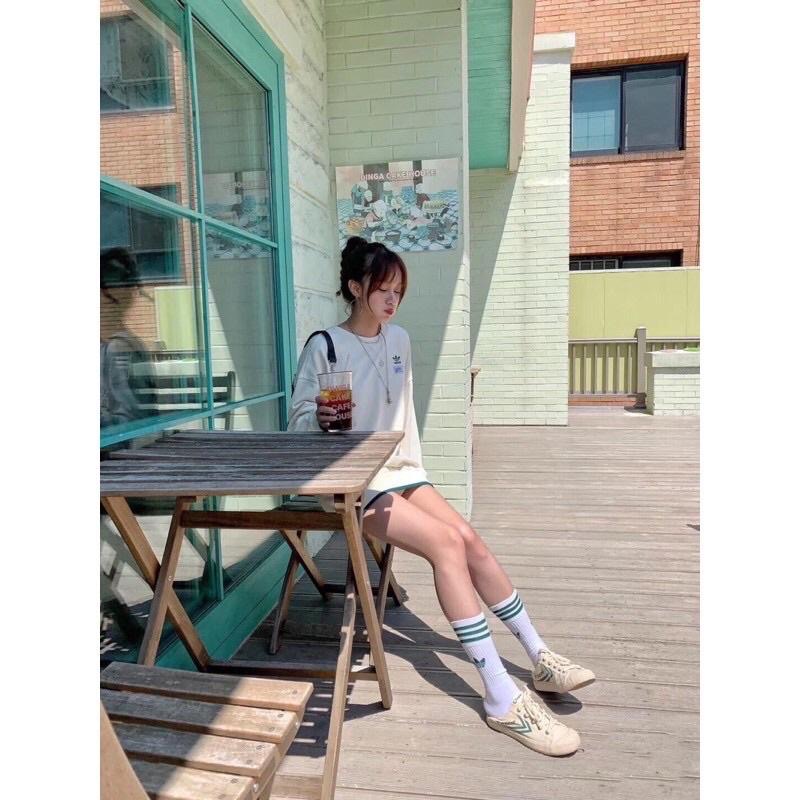 現貨L XL奶白色 adidas original 標籤 三葉草  刺繡 簡約 滾邊  長袖 衛衣 大學-細節圖8