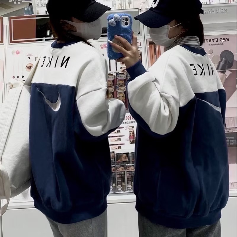 現貨 深藍NIKE 90s vintage sweatshirt 刺繡 小LOGO 小勾 拼色 長袖 衛衣 大學T-細節圖2