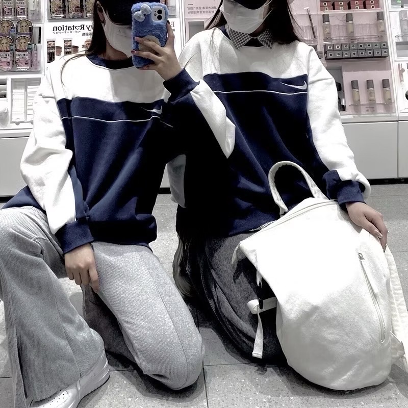 現貨 深藍NIKE 90s vintage sweatshirt 刺繡 小LOGO 小勾 拼色 長袖 衛衣 大學T-細節圖3