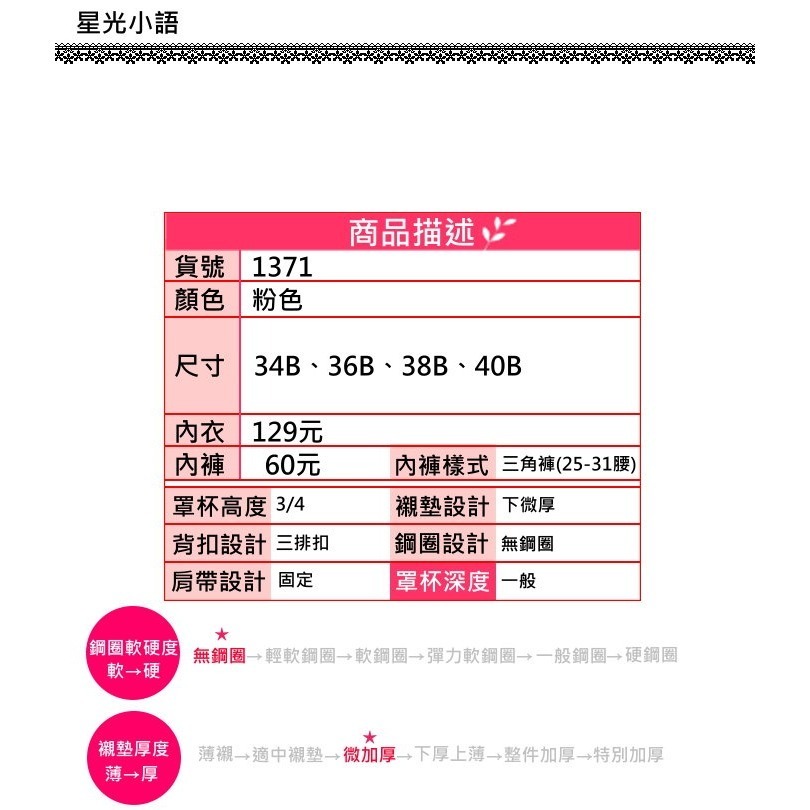 <星光>首波特價唯美蕾絲無鋼圈內衣集中舒適不壓迫。微加厚。B罩1371 34B 36B 38B 40B-細節圖8