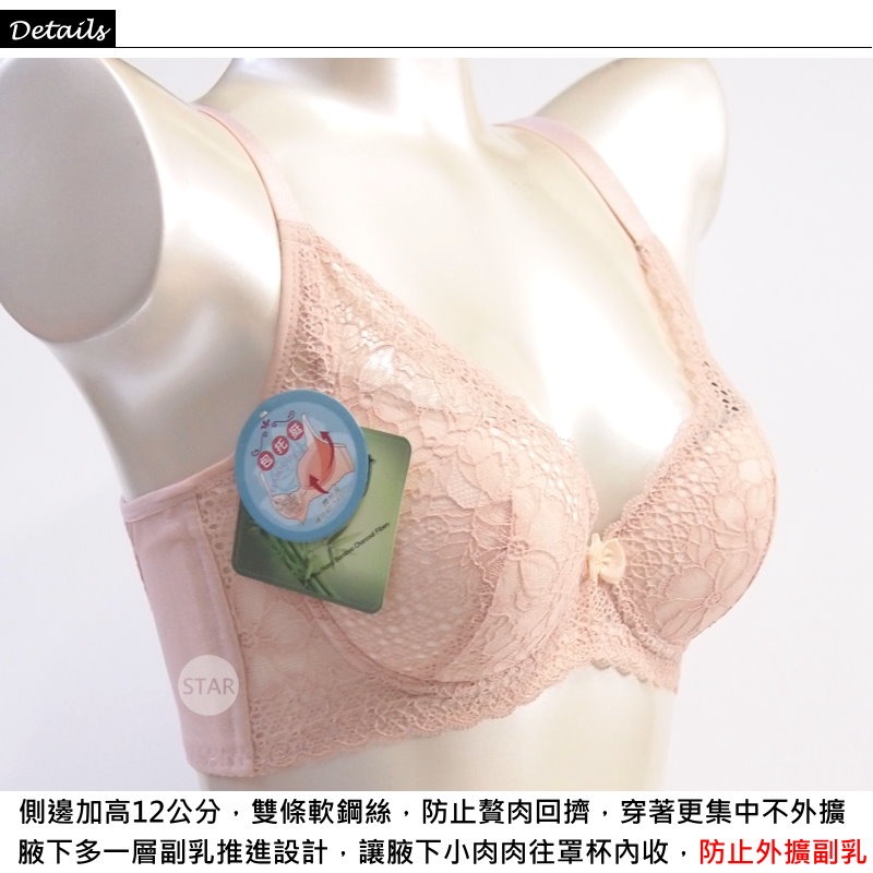 <星光>包托挺軟鋼圈調整型內衣。蕾絲美背 防駝顯瘦。側邊加高防外擴附乳。B.C罩5536-細節圖3
