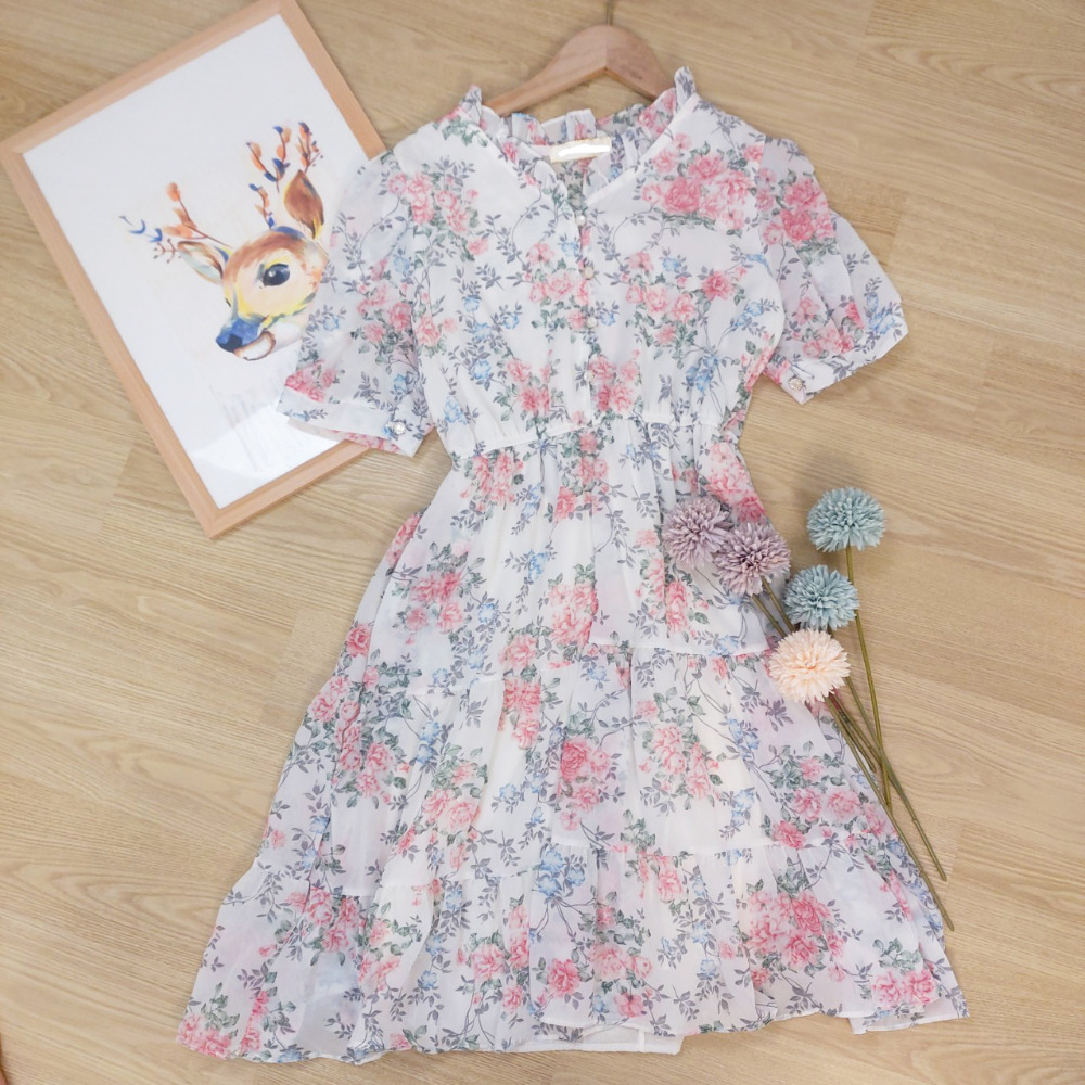 古典碎花 短洋裝 杏色 [Q06]-細節圖2