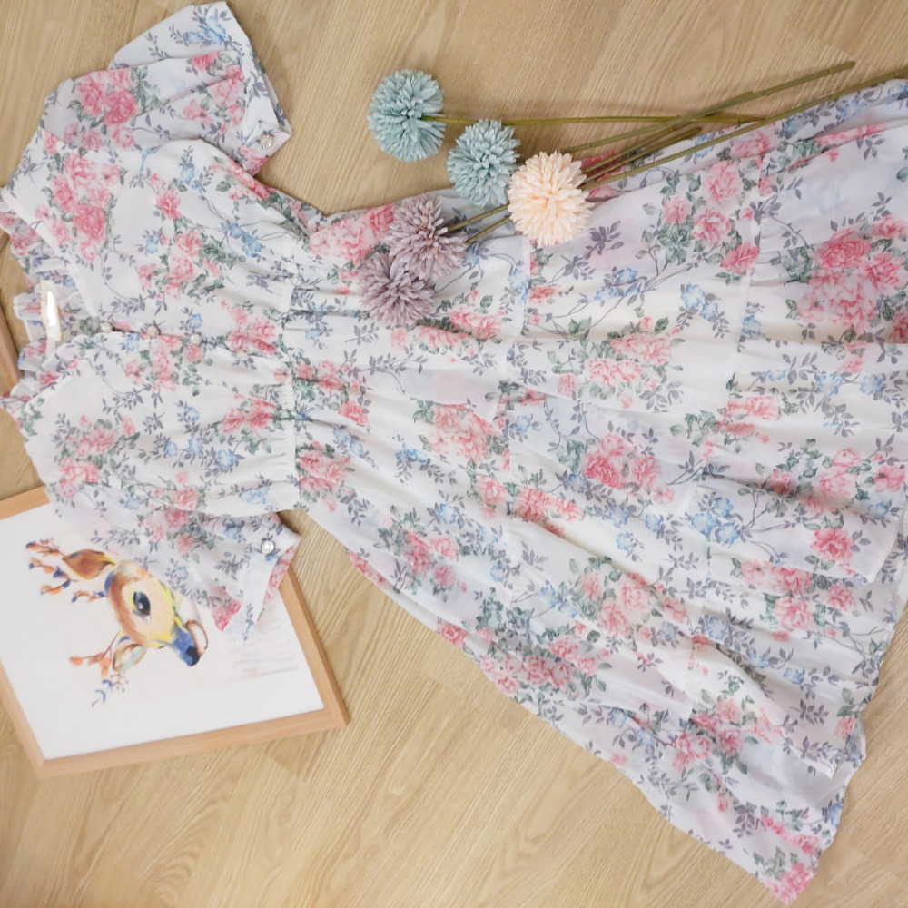 古典碎花 短洋裝 杏色 [Q06]-細節圖3