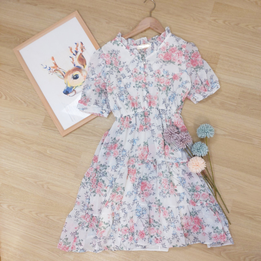 古典碎花 短洋裝 杏色 [Q06]-細節圖4