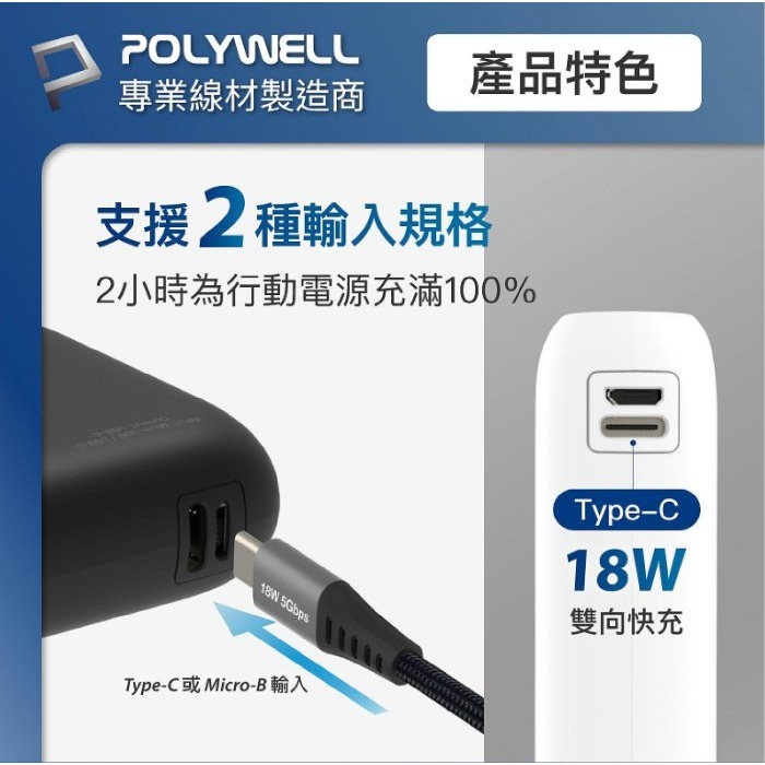 【快速出貨】POLYWELL 雙向快充行動電源 10000mAh 18W 行動電源 移動電源 快充-細節圖6