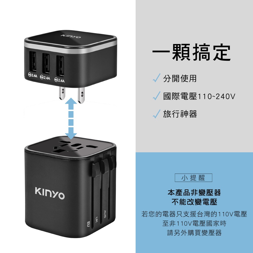【免運x快速出貨】KINYO 旅行萬國轉接頭 旅行萬用充電器 MPP-2345 3孔USB充電器 3.4A 旅行-細節圖4