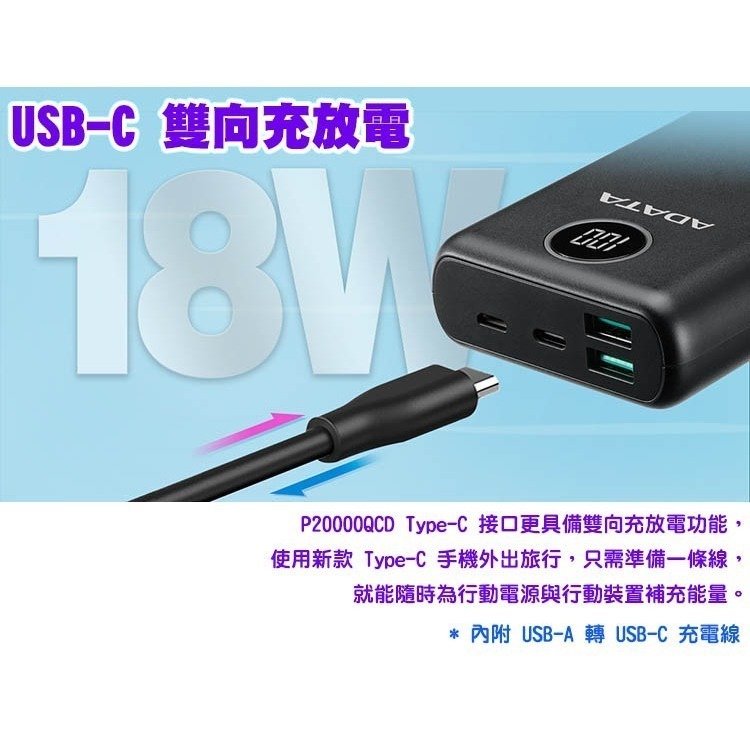 【免運費】ADATA 威剛 行動電源 P20000QCD 移動電源 20000mAh 快充行動電源 充電器-細節圖5