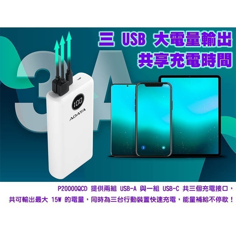 【免運費】ADATA 威剛 行動電源 P20000QCD 移動電源 20000mAh 快充行動電源 充電器-細節圖4