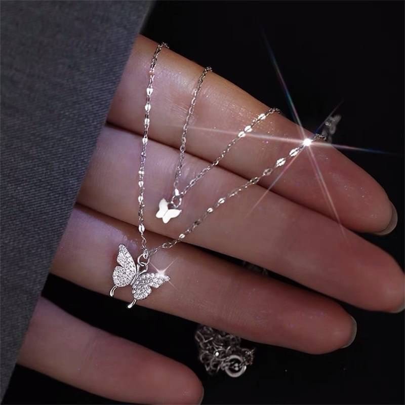 【RuRu】小眾設計 輕奢雙層蝴蝶鑲鑽項鍊 合金材質 鏈長約38公分延長鏈5公分-細節圖2