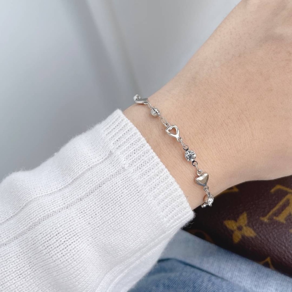 【RuRu】小眾設計款 甜美愛心鑽石手鍊 銅 鏈長14公分+5公分 銀色-細節圖2