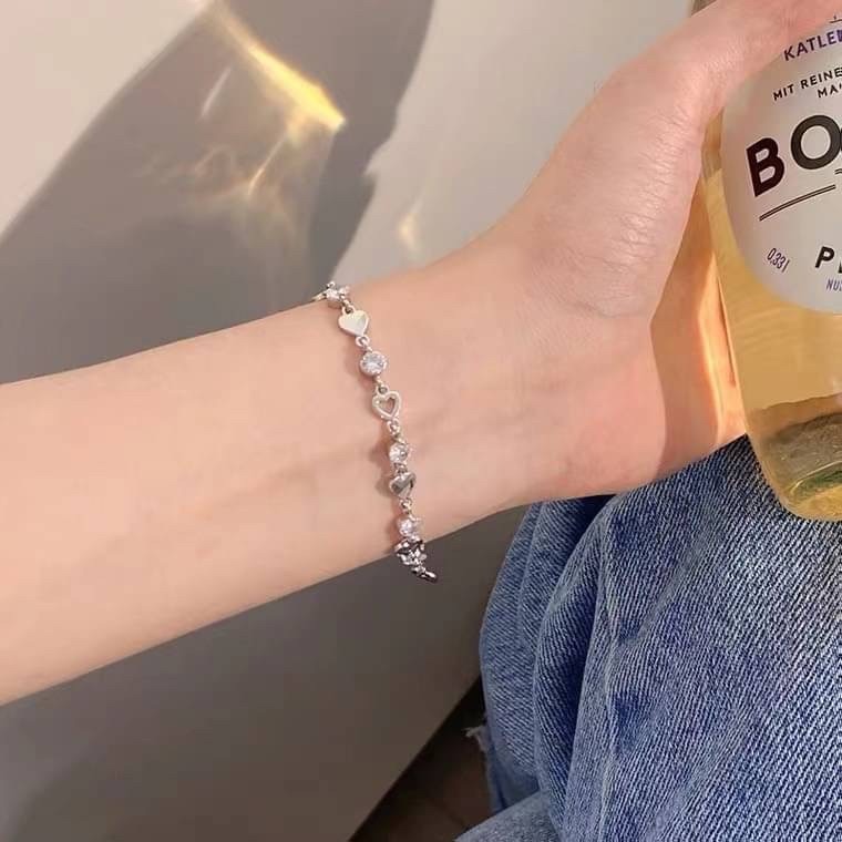 【RuRu】小眾設計款 甜美愛心鑽石手鍊 銅 鏈長14公分+5公分 銀色-細節圖3