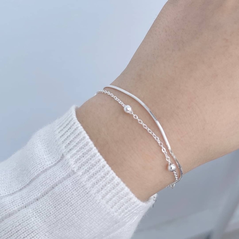 【RuRu】小眾設計 《925純銀》韓國小圓珠雙層手鍊 鏈長15公分+5公分 雙鍊 簡約風格-細節圖2