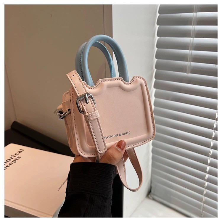 【RuRu】小眾設計 斜挎手提小方包 玫紅 粉色 綠色 杏色 黑色 PU材質 長12 高10厚5 (cm)-細節圖2