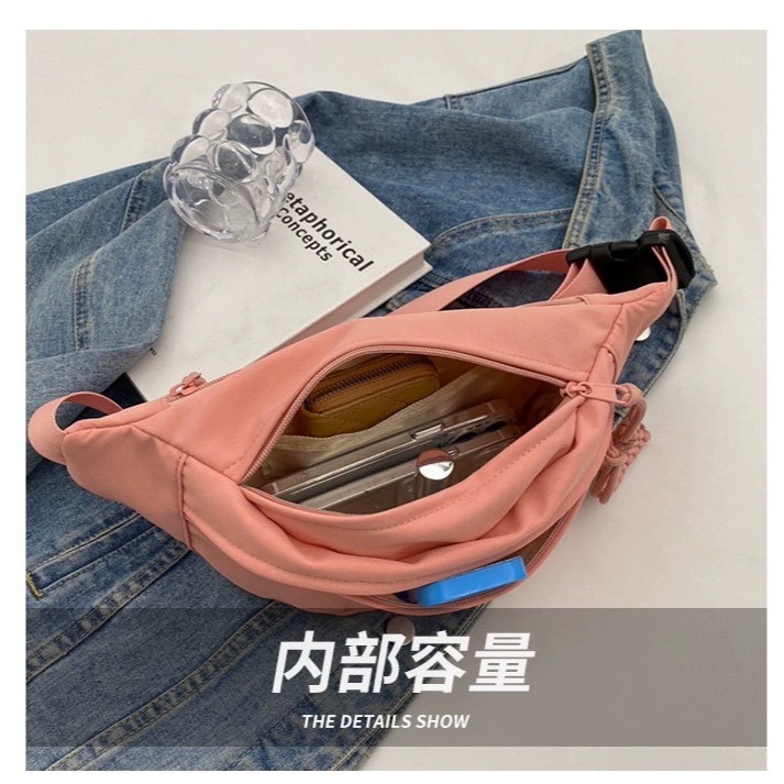 【RuRu】小眾包包 帆布斜挎運動包腰包 帆布材質 長32 寬15 (cm) 粉 米 橘 黑-細節圖5