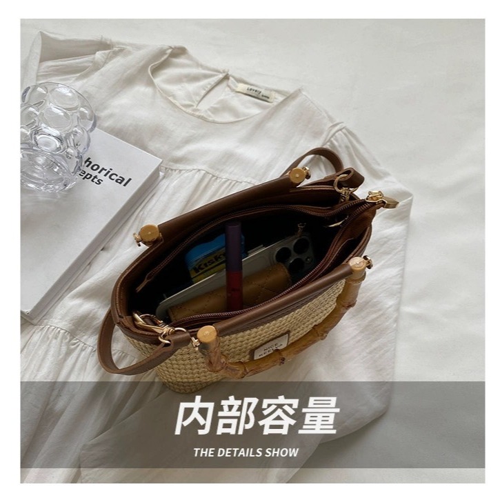 【RuRu】小眾包包 編織手提草編水桶包/斜挎包 編織草材質 長21 寬10 高16 (cm) 卡其 米白-細節圖5