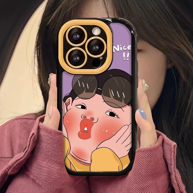 【RuRu】蘋果全型號·🍎搞怪嘟嘴女孩手機殼 藍 黃 全機包覆｜防摔軟殼···🛒-細節圖2