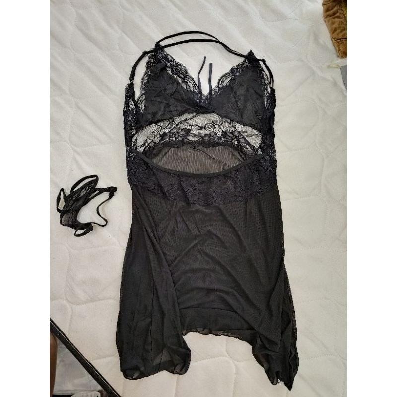 氣質蕾絲 性感睡衣 外加 罩衫 黑色  free size-細節圖2