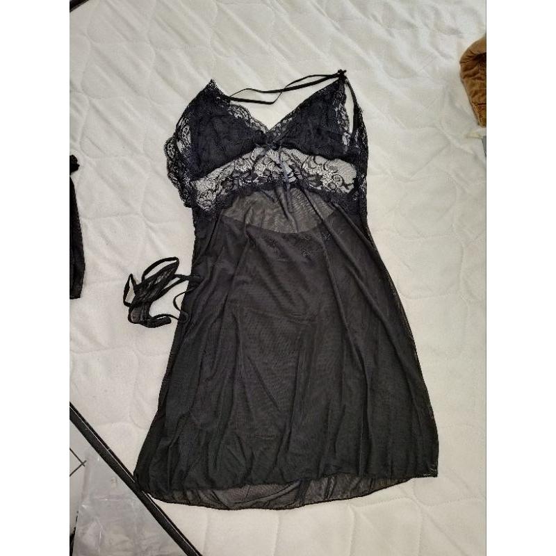 氣質蕾絲 性感睡衣 外加 罩衫 黑色  free size-細節圖3