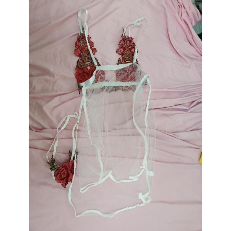 玫瑰圖樣修飾 透明 白色 性感睡衣 FREE SIZE  最大可到2XL-細節圖2