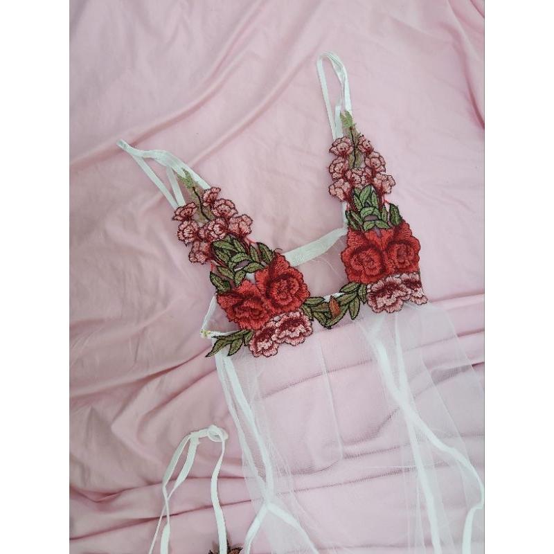 玫瑰圖樣修飾 透明 白色 性感睡衣 FREE SIZE  最大可到2XL-細節圖3