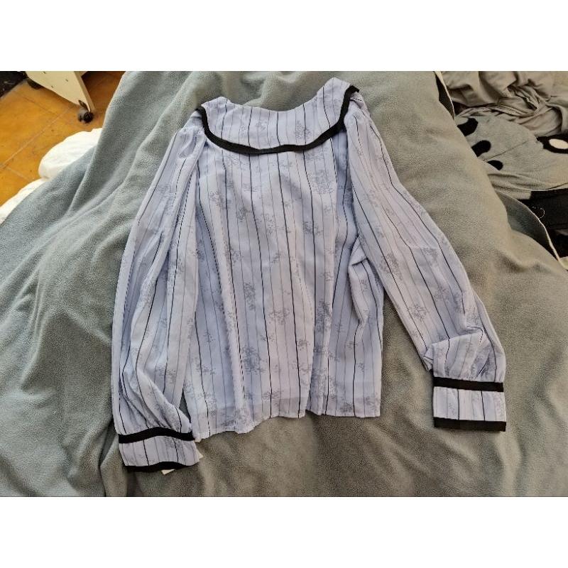 韓風 藍色條紋 綁帶蝴蝶結 氣質 襯衫 2XL 70~80公斤-細節圖2