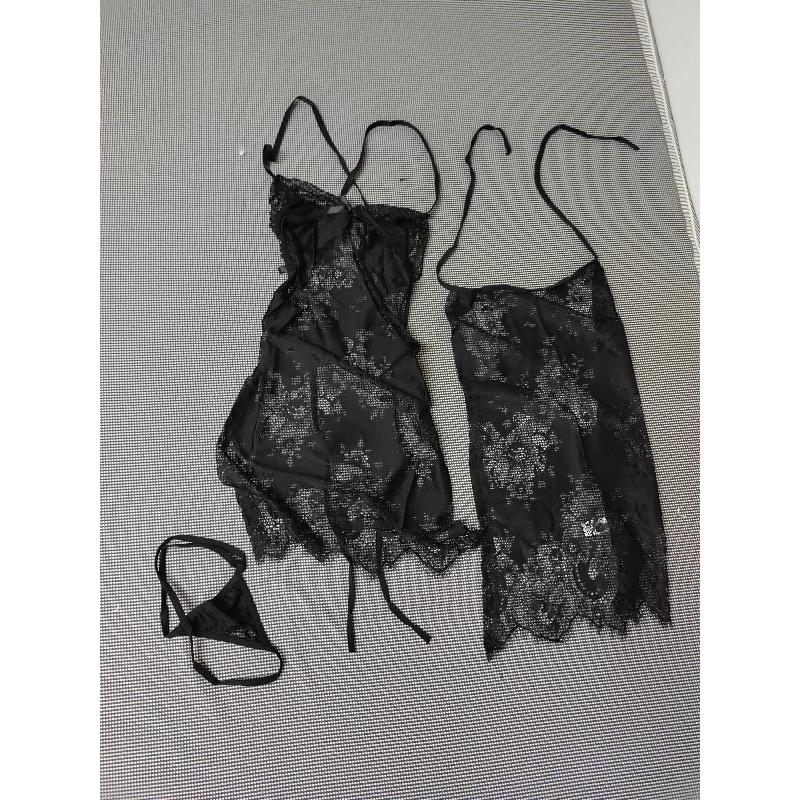 宮廷式 蕾絲 睡衣 開高叉 下擺另外綁帶 穿著 黑色  FREE SIZE-細節圖4