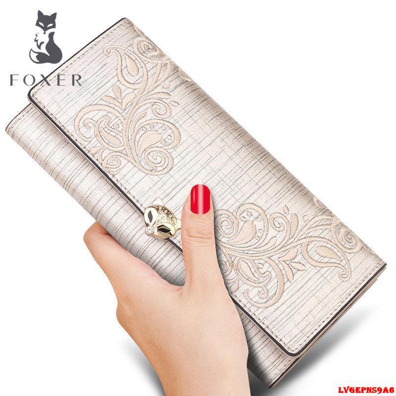 金蟬生活百貨館-金狐貍錢包女士長款2022新款時尚繡花錢夾包牛皮手包大容量手拿包-細節圖4